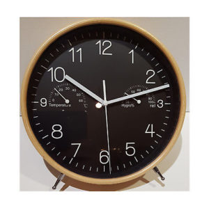 976 Mebus Wanduhr - Tischuhr ! Wecker design in Holzoptik ! Thermo / Hygro