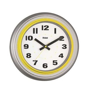 788 Mebus Wanduhr! grau mit gelb ! modernes Design! 31,5 cm