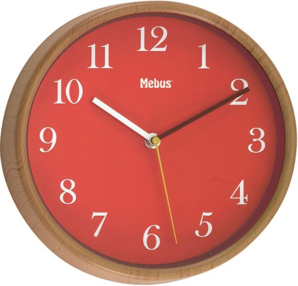 317 Mebus Funk Wanduhr hell braun mit Holz optik, rotem Zifferblatt !!!