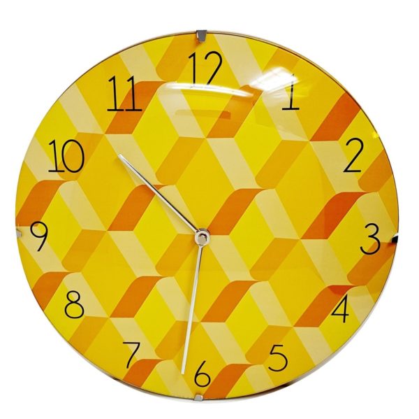 1043 Mebus Wanduhr! gelb - orange gemustert ! super Design ! Durchmesser: 30 cm